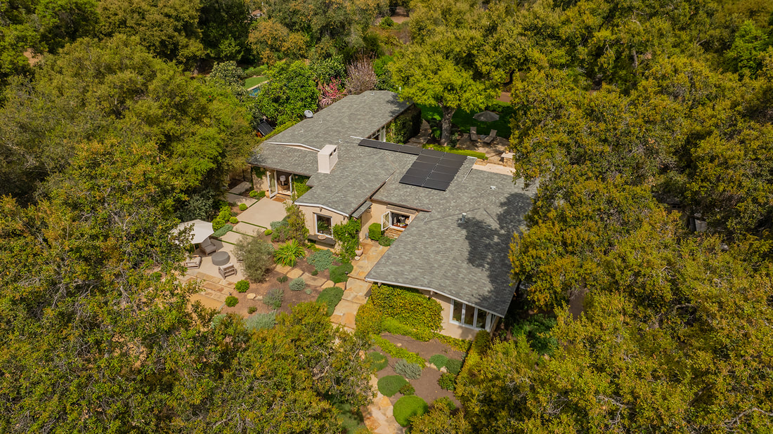 aerial view of home in ojai surrounded by oak trees