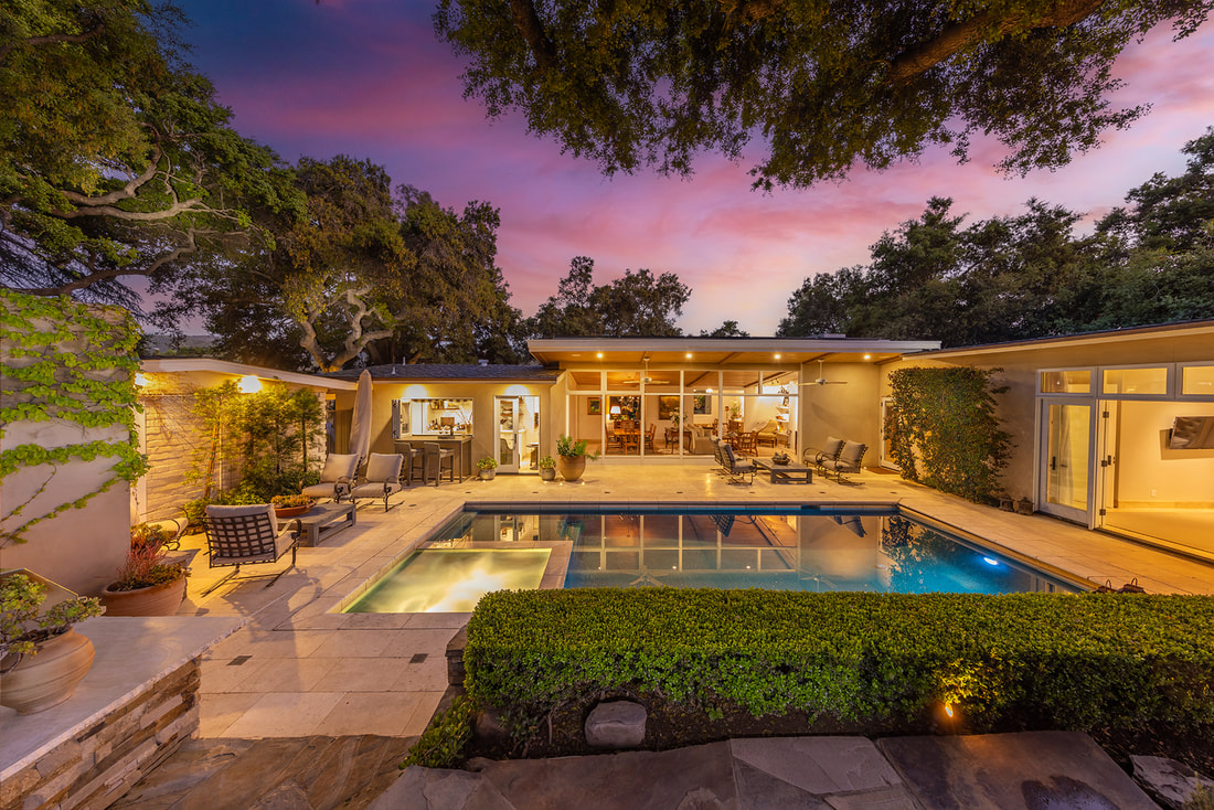 pool and outdoor living area at twilight in ojai